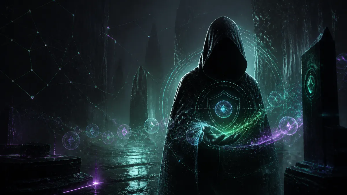 Dark hooded CLOAK figure representing private DeFi, shielded transactions and zero-knowledge proofs on Telos
