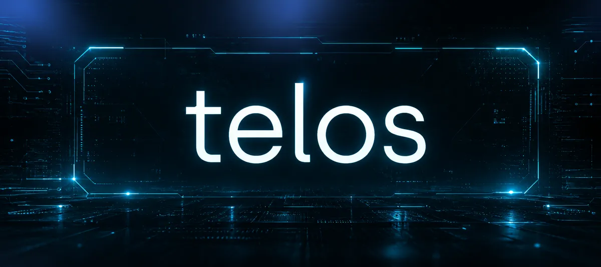 Telos logo glowing on a futuristic blue blockchain interface