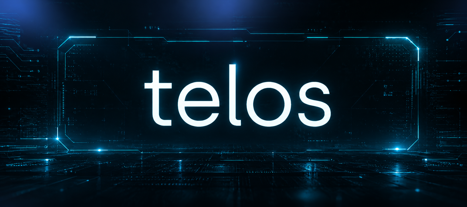 Telos logo glowing on a futuristic blue blockchain interface
