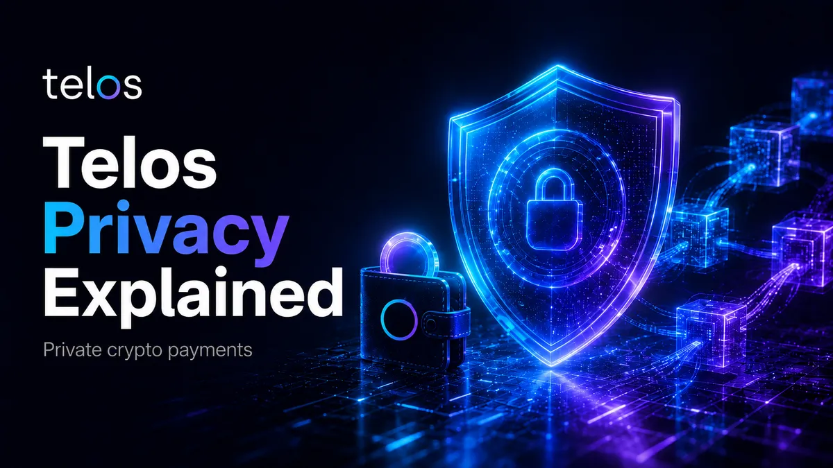 Telos Privacy Explained graphic showing private crypto payments with a wallet, shield, lock and blockchain cubes