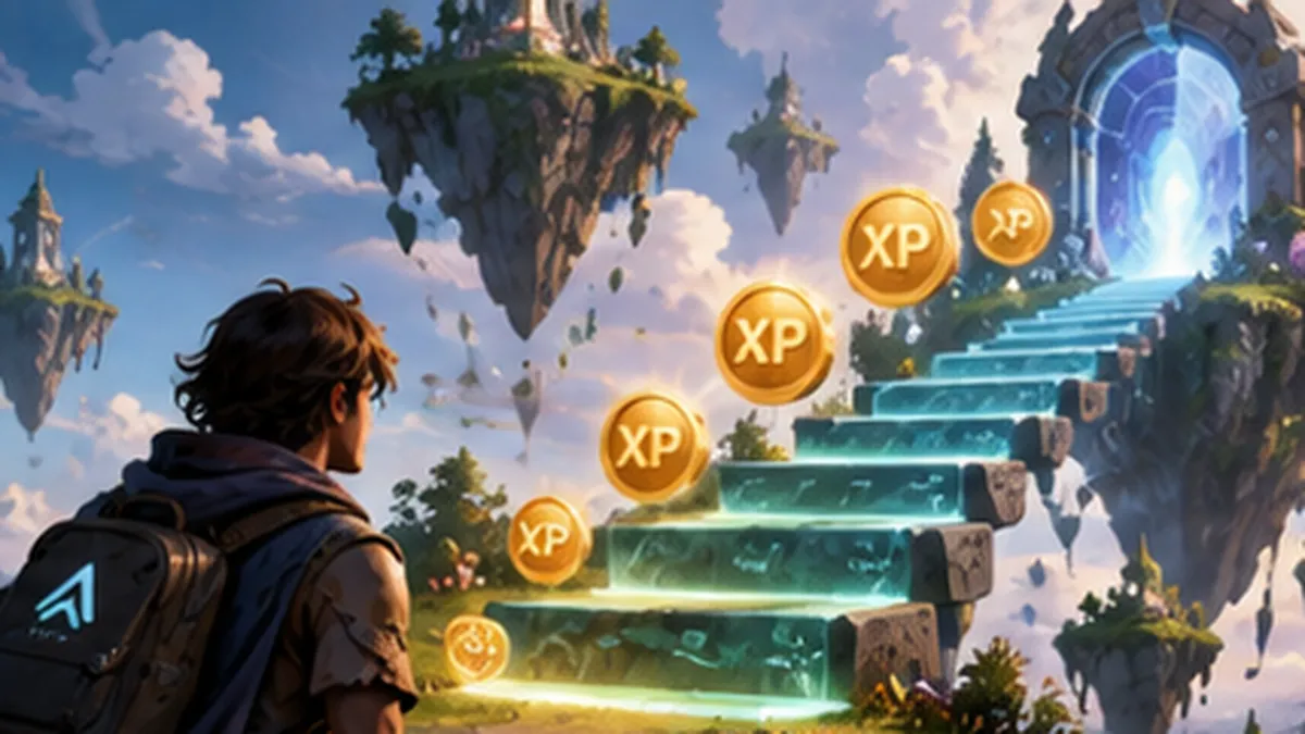 Participant approaching glowing steps and XP coins leading to a portal